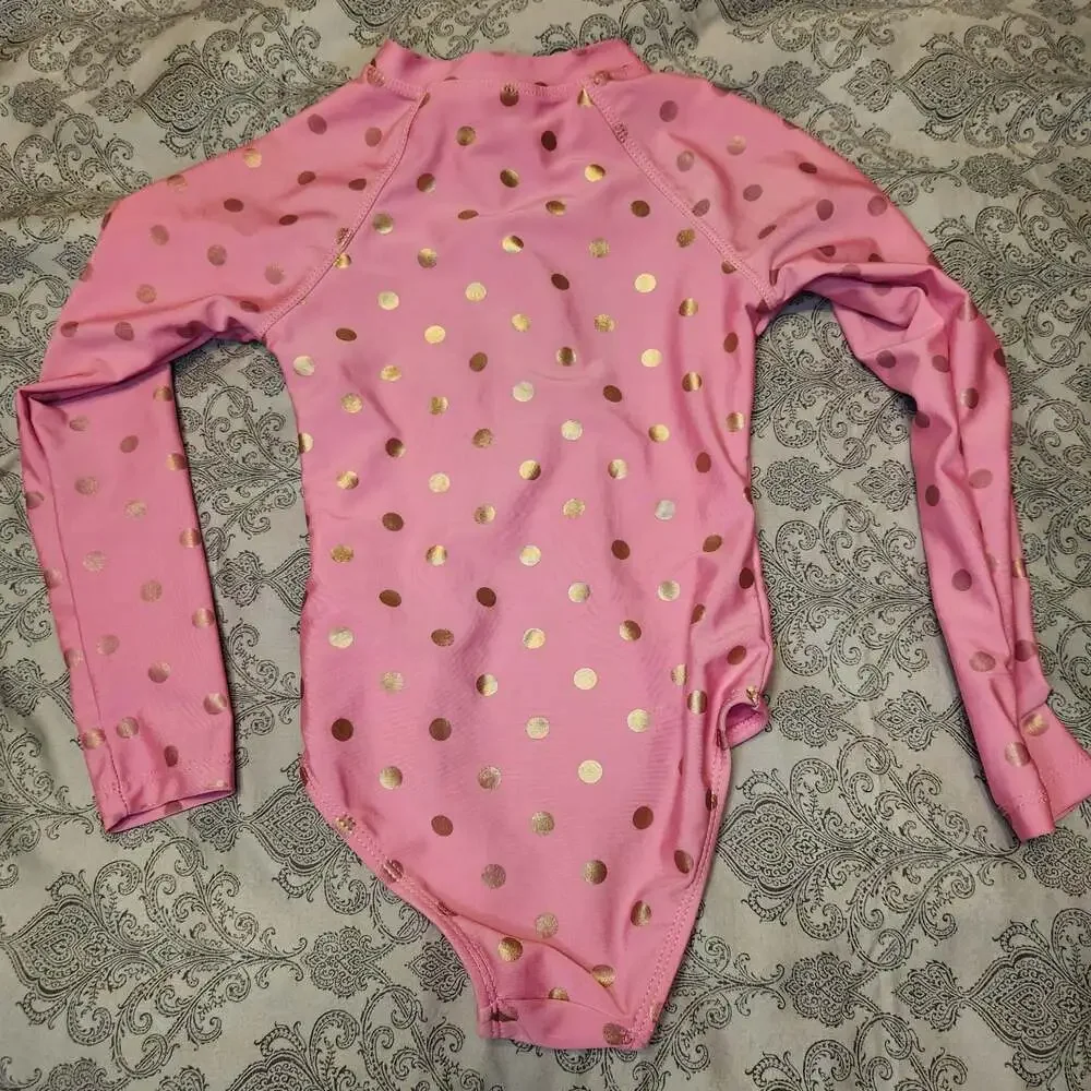 Girls Pink Gold Polka Dot Long Sleeve Zip-Up Rash Guard Swimsuit Size XS